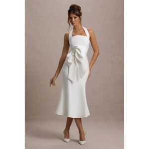Club L NWT White Bow Front Midi Dress Bridal Shower Rehearsal Halter Fit & Flare